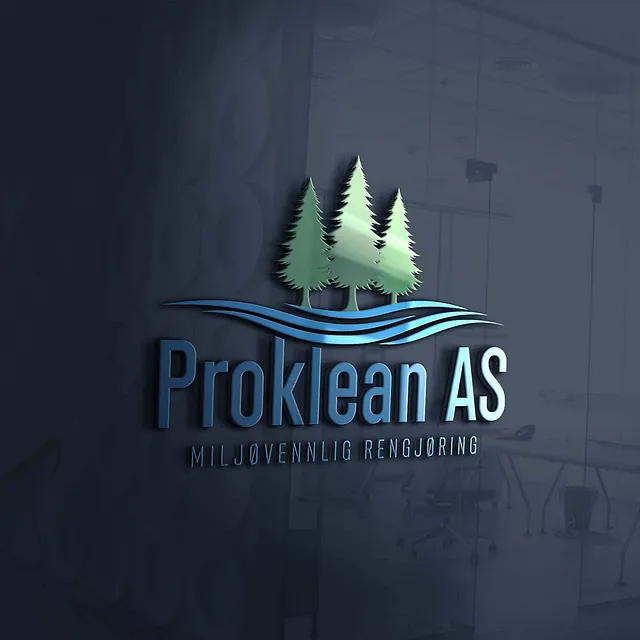 Logo med grønne trær og blå bølger, teksten «Proklean AS – Miljøvennlig rengjøring».